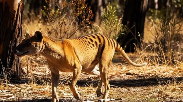 Realistic depiction of the extinct Tasmanian Tiger or Thylacine walking through a dry forest habitat. Detailed and natural lighting, perfect for themes of extinct wildlife, Australian nature, and anim