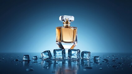 Luxury Perfume Bottle With Ice Cubes And Water Droplets On Reflective Surface fragrance scent