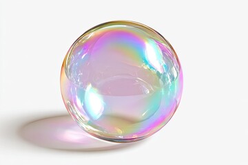 A vibrant, iridescent sphere, resembling a soap bubble, sits on a plain white surface.  Colorful rainbow hues refract light