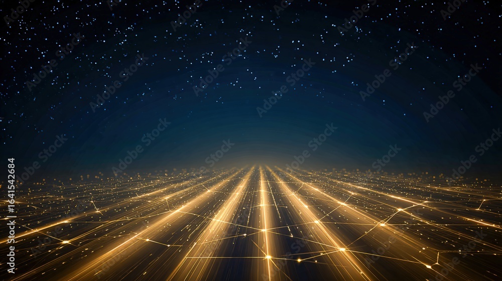 Poster abstract technology network with glowing nodes and starry sky background for digital innovation