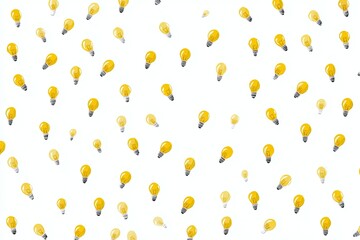 Scattered yellow light bulbs on white background