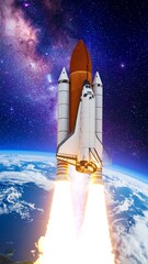 Space shuttle launch against a backdrop of a vibrant galaxy