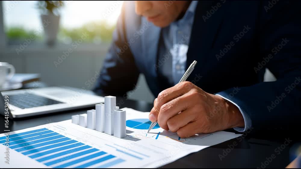 Poster business professional analyzing data with graphs and charts in modern office environment