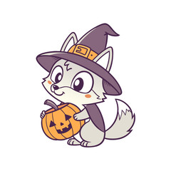 Cute cartoon wolf dressed as a witch, holding a carved Halloween pumpkin, isolated on a white background.
