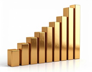 Golden ascending bar chart representing growth progress with increasing height in a sleek modern style for business success and financial development