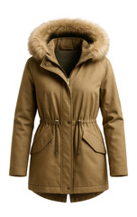 Hooded parka with drawstring waist and faux fur trim in khaki