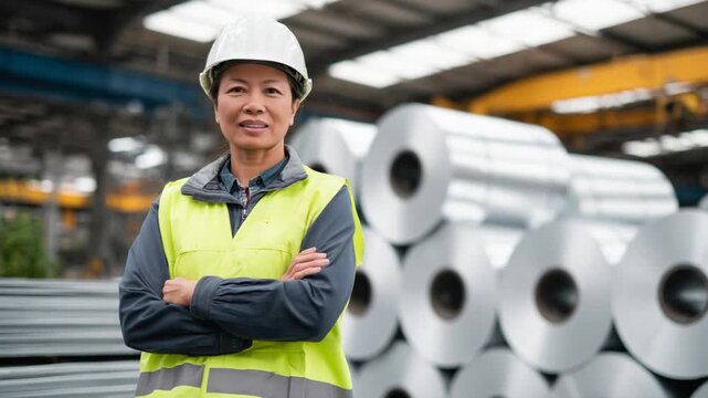 A skilled female engineer in safety gear assesses galvanized metal sheets and large plastic rolls under factory lights.