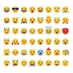 A large collection of diverse emoji faces expressing a wide range of emotions, isolated on white background