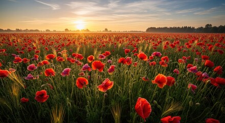 Obraz premium Poppy field at sunrise; golden light bathes the vibrant red flowers and green grass