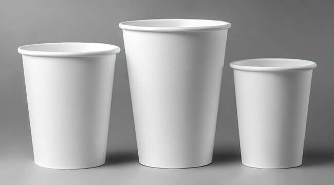 Three white disposable paper cups of varying sizes stand in a row against a gray background.  They are smooth, clean, and feature a simple, rounded design