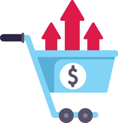 Shopping cart with red up arrows representing sales increase