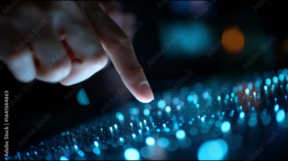Aufkleber touching illuminated panel with colorful lights and glowing dots at a tech event in the evening