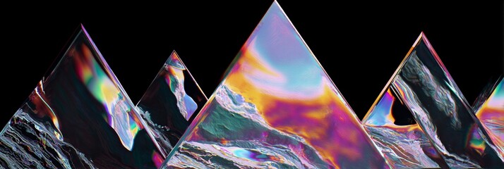 Iridescent geometric mountain peaks with holographic and prismatic effects, creating a surreal digital landscape of abstract crystalline triangular forms against a dark background