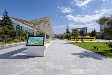 Urban Park with Interactive Display and Public Transportation on a Sunny Day