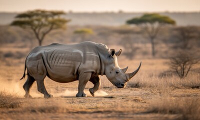 Obraz premium Rhino walks through dry savanna, raising dust in the golden sunlight