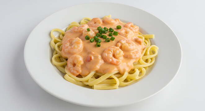 Overhead view of talharim ao molho de camar&atilde;o, creamy pink sauce, sprinkled with green onions, on a clean white dish, white background