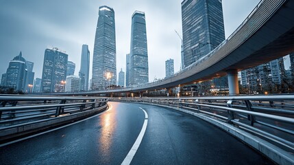 Fototapeta premium Cityscape View of a Modern Urban Center with Curving Road and High-Rise Buildings