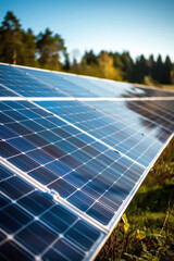 Close-up of a solar panel field with a forest in the background