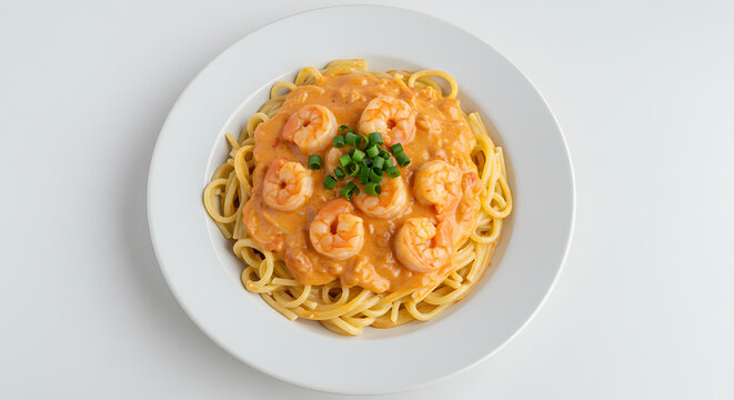 Overhead view of talharim ao molho de camar&atilde;o, creamy pink sauce, sprinkled with green onions, on a clean white dish, white background
