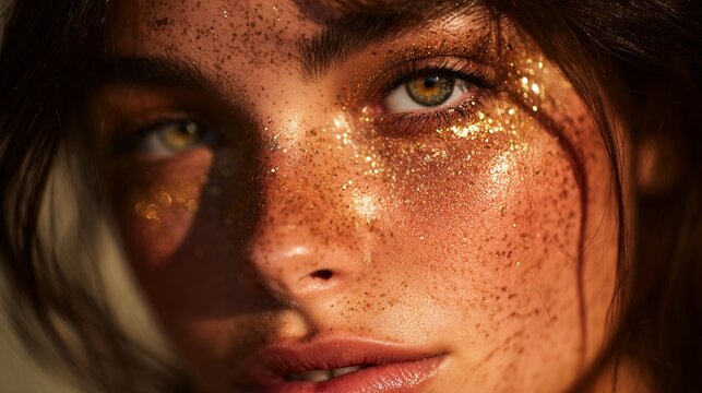 Radiant beauty emerges through golden glitter and sun-kissed freckles, capturing ethereal luminescence and raw emotional intensity in a mesmerizing close-up portrait