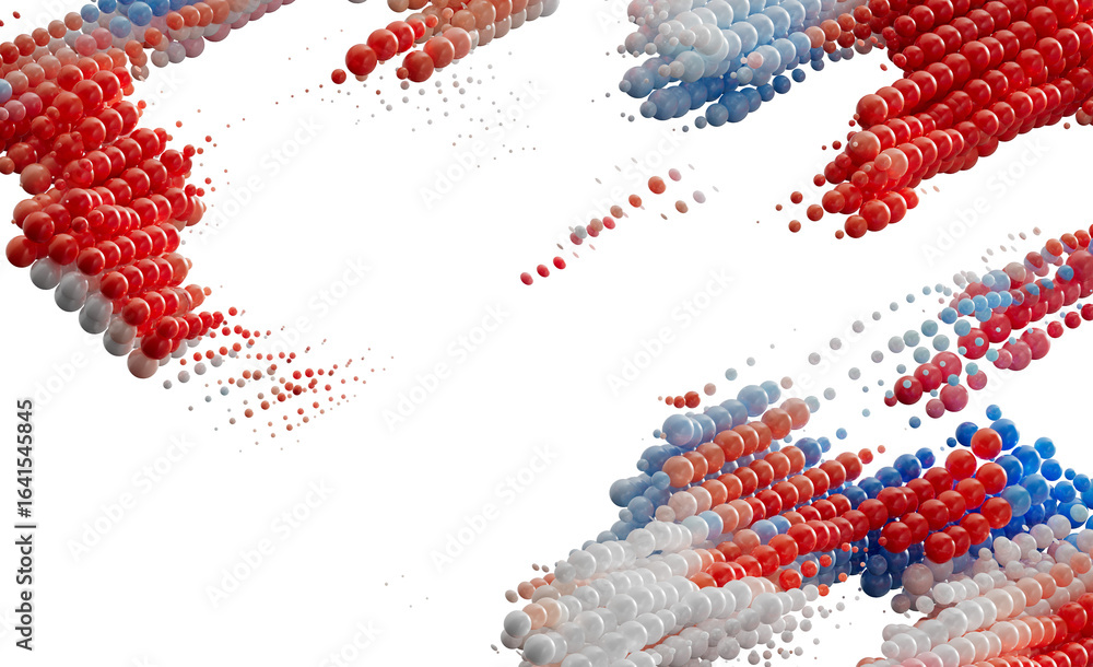Poster abstract 3d render of red white blue spheres, exploding bubbles, particle flow, dynamic motion, ener