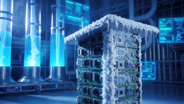 Frozen computer server stack with icicles in a futuristic blue laboratory
