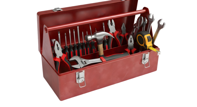 A red metal toolbox filled with various tools, including a hammer, screwdrivers, and wrenches, isolated on a transparent background