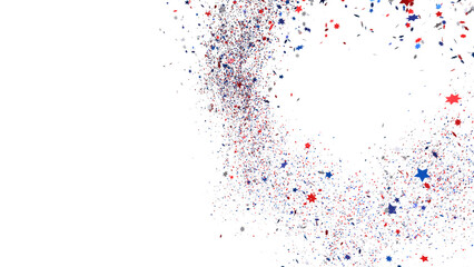 Festive background with confetti in the shape of stars in the color of the American flag.