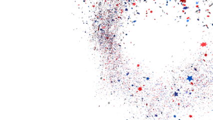 Festive background with confetti in the shape of stars in the color of the American flag.
