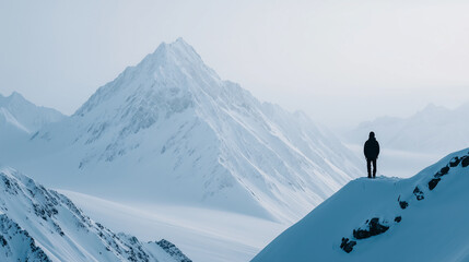 Lone hiker standing on a snowy peak overlooking majestic winter mountains under a pale sky.