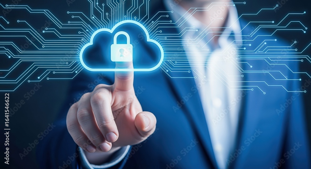 Aufkleber cloud security concept: man touches a cloud icon with a lock symbolizing secure data