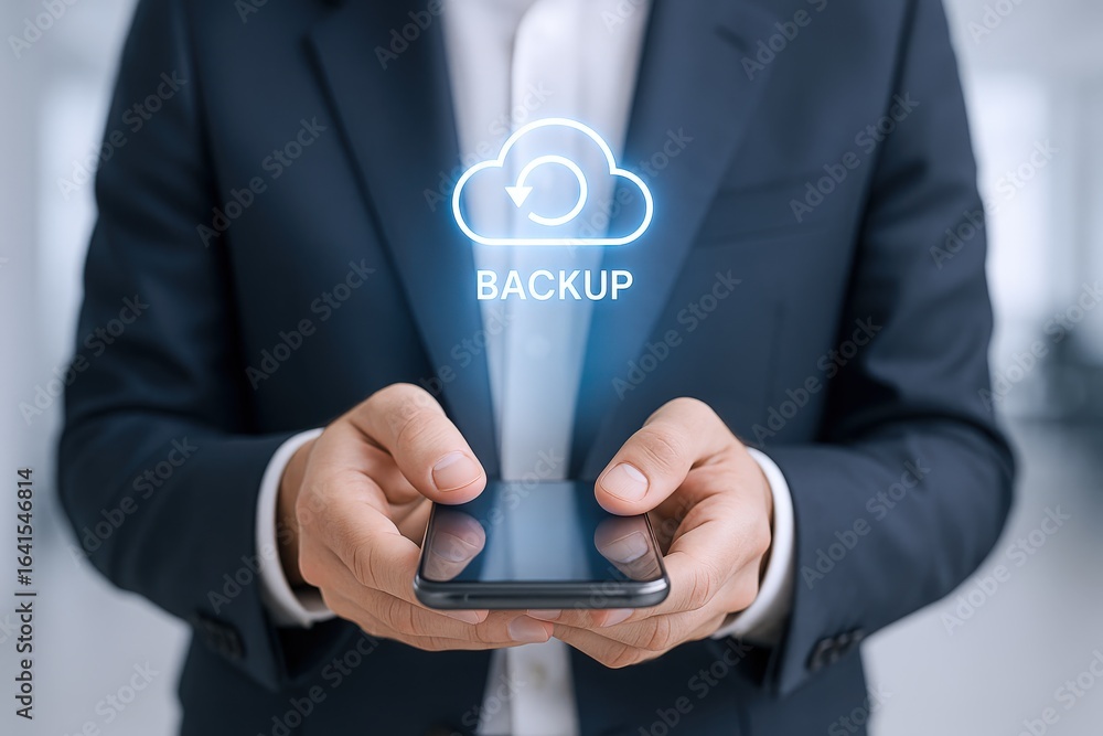 Poster smartphone data backup service, man holding mobile phone with cloud backup icon for security