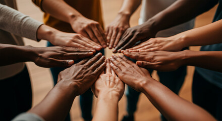 Diverse hands together in a circle, symbolizing teamwork, unity, and global cooperation