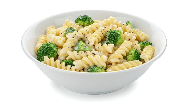 Studio photo of macar&atilde;o parafuso com molho branco e br&oacute;colis, sprinkled with black pepper, in a ceramic white bowl, isolated