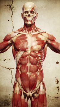 Detailed 3D model of the human muscular system Anatomical illustration of the male torso chest abs and skull for medical education and scientific visualization
