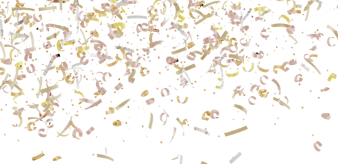 High-quality image of gold and pink confetti falling on a white background, perfect for celebrations.