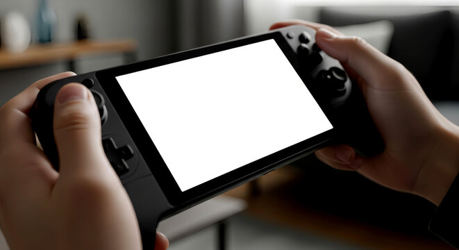 Close up of person holding handheld game console with blank white screen display mockup