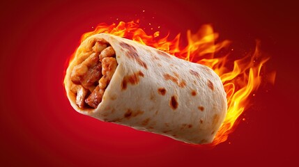Spicy flaming burrito wrapped in tortilla with fiery hot flames on red background
