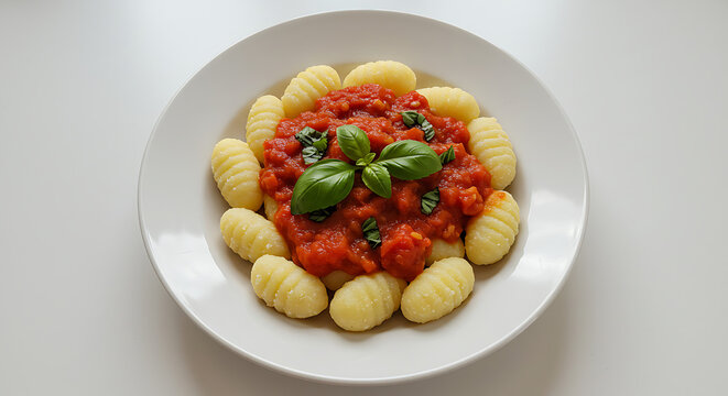 nhoque de mandioca ao molho de tomate r&uacute;stico, garnished with fresh basil, white dish, white background