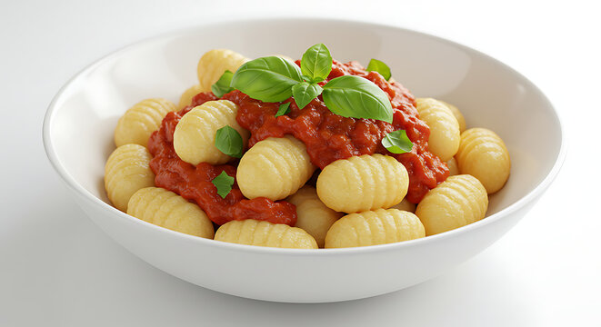 nhoque de mandioca ao molho de tomate r&uacute;stico, garnished with fresh basil, white dish, white background