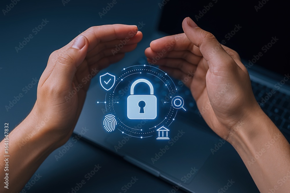 Poster protecting digital security: hands shielding padlock icon representing cybersecurity, data protectio