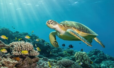 Fototapeta premium Sea turtle swims by coral reef, sun rays streaming down through blue water