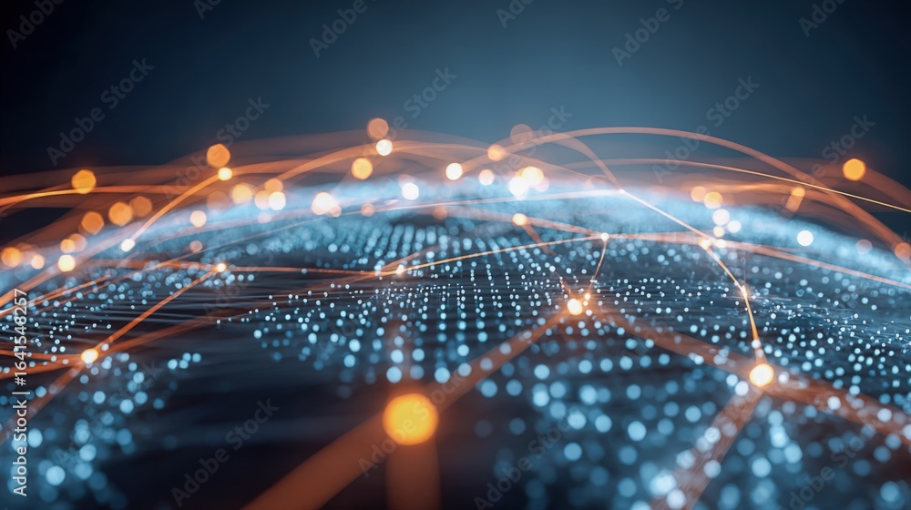 Poster abstract digital network connecting dots, nodes, and lines representing global connectivity and tech