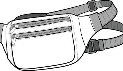 Black and white waist bag illustration, stylish belt pouch, zipper pocket fanny pack, adjustable strap bag, modern accessory design, minimalist line art vector