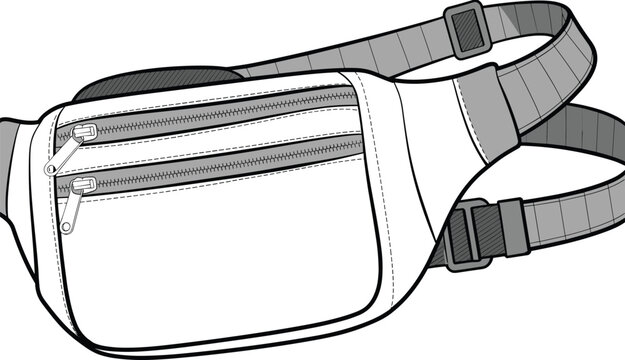Black and white waist bag illustration, stylish belt pouch, zipper pocket fanny pack, adjustable strap bag, modern accessory design, minimalist line art vector