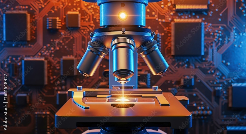 Poster modern microscope examining integrated circuit board, emphasizing high tech research and development