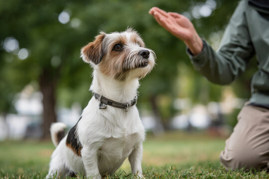 Dog trainer teaching recall to an energetic Jack Russell Terrier, park background, 
