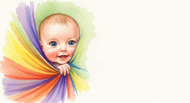 Baby smiling with colorful fabric wrap in cheerful illustration. baby playing peekaboo game  