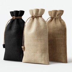 Three simple, vertically-oriented drawstring burlap bags in black, beige, and natural tones,  standing on a plain light background