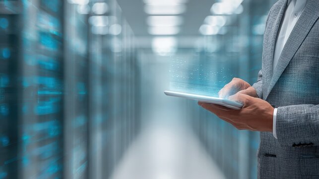 Businessman managing data center with tablet, cloud computing, and cybersecurity in modern server room